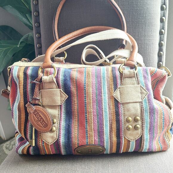 Y2K Fossil Keyper Maddox Striped Tapestry Satchel - Picture 1 of 10